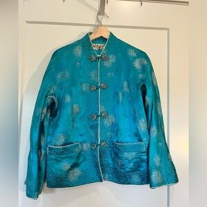 Vtg Made In Hong Kong brocade quilted Kimono jacket turquoise green flare sleeve